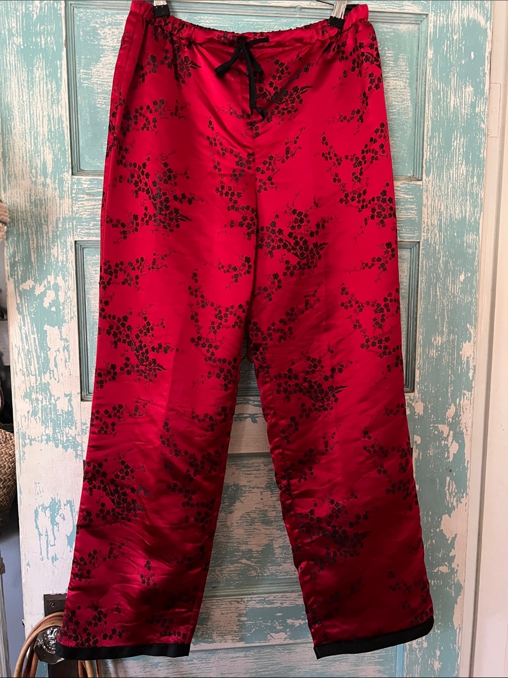 Chinese Red Satin Floral Lounge Pants Far East inspired